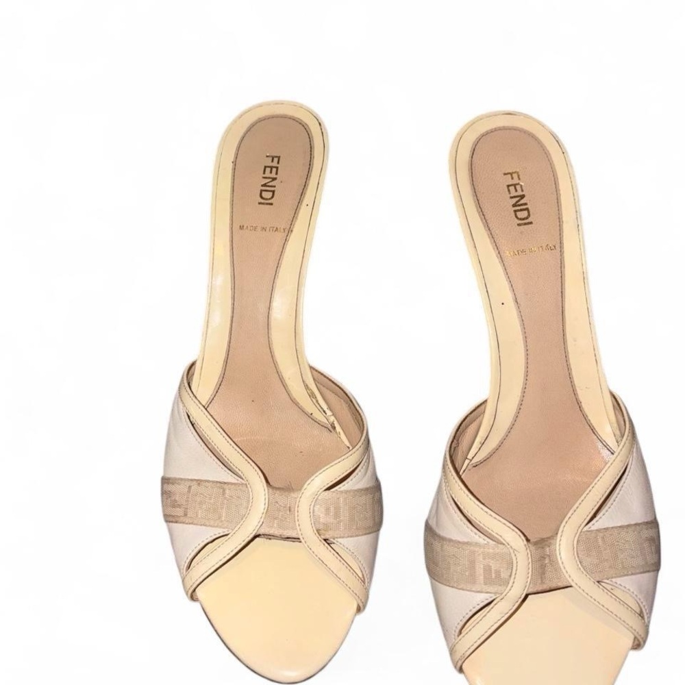 Fendi Zucca Primt Women's Cream Kitten Heel Mules EU 41